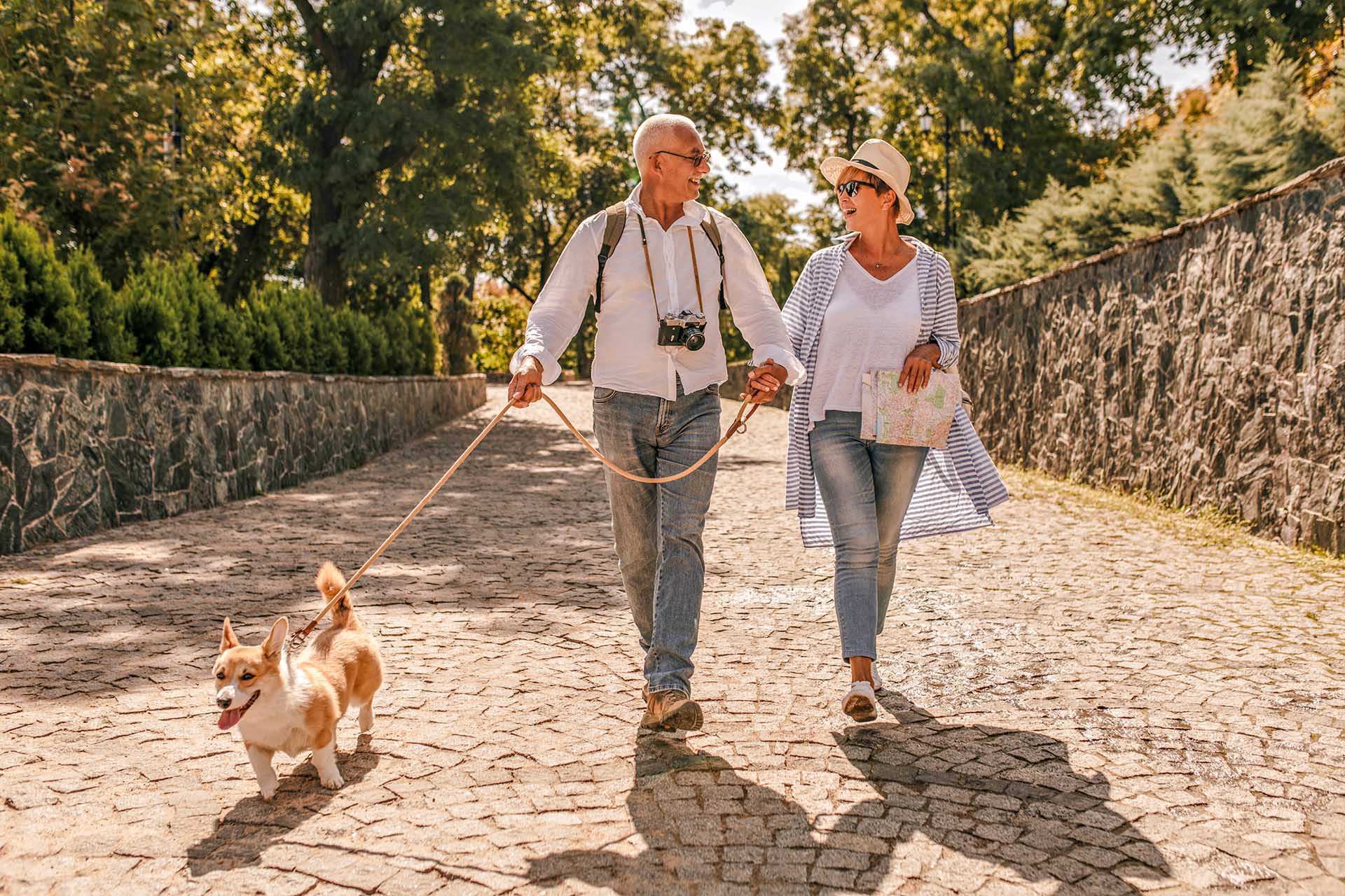 Trendy woman in hat and blue blouse walking and looking grey haired man in white long sleeve shirt with camera and corgi in park.